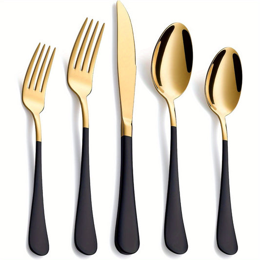 20pcs Cutlery Set in Black And Golden, Made of 18/0 Stainless Steel with Colorful Handles, Designed for Four People. This Modern Flatware Includes Dinner Knives, Forks, And Spoons, Featuring a Mirror End And Is Safe for Dishw