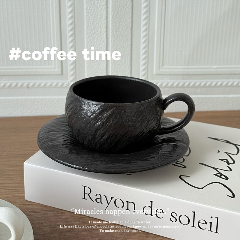 Single Set Vintage Matte Stone-Patterned Ceramic Coffee Cup & Saucer | Exquisite Latte Art Cup for Home & Café, Elegant Afternoon Tea Gift, Non-Slip, Hand Wash Only