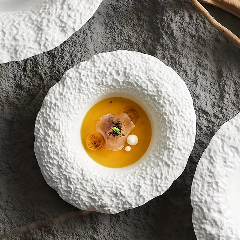 Italian-Inspired Rock Pattern Ceramic Deep Bowl Plate – White & Beige Serving Dish