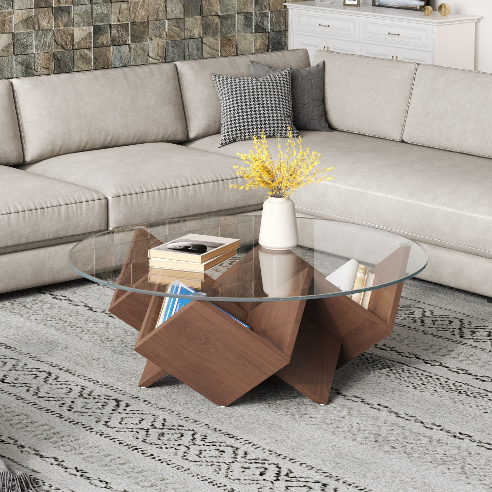 Modern Round Coffee Table with Glass Top & Walnut Base – Storage Shelf