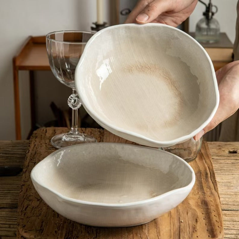 Irregular Wide-Rim Ceramic Bowl (7.5") – Glossy White Serving Dish (1 Piece)