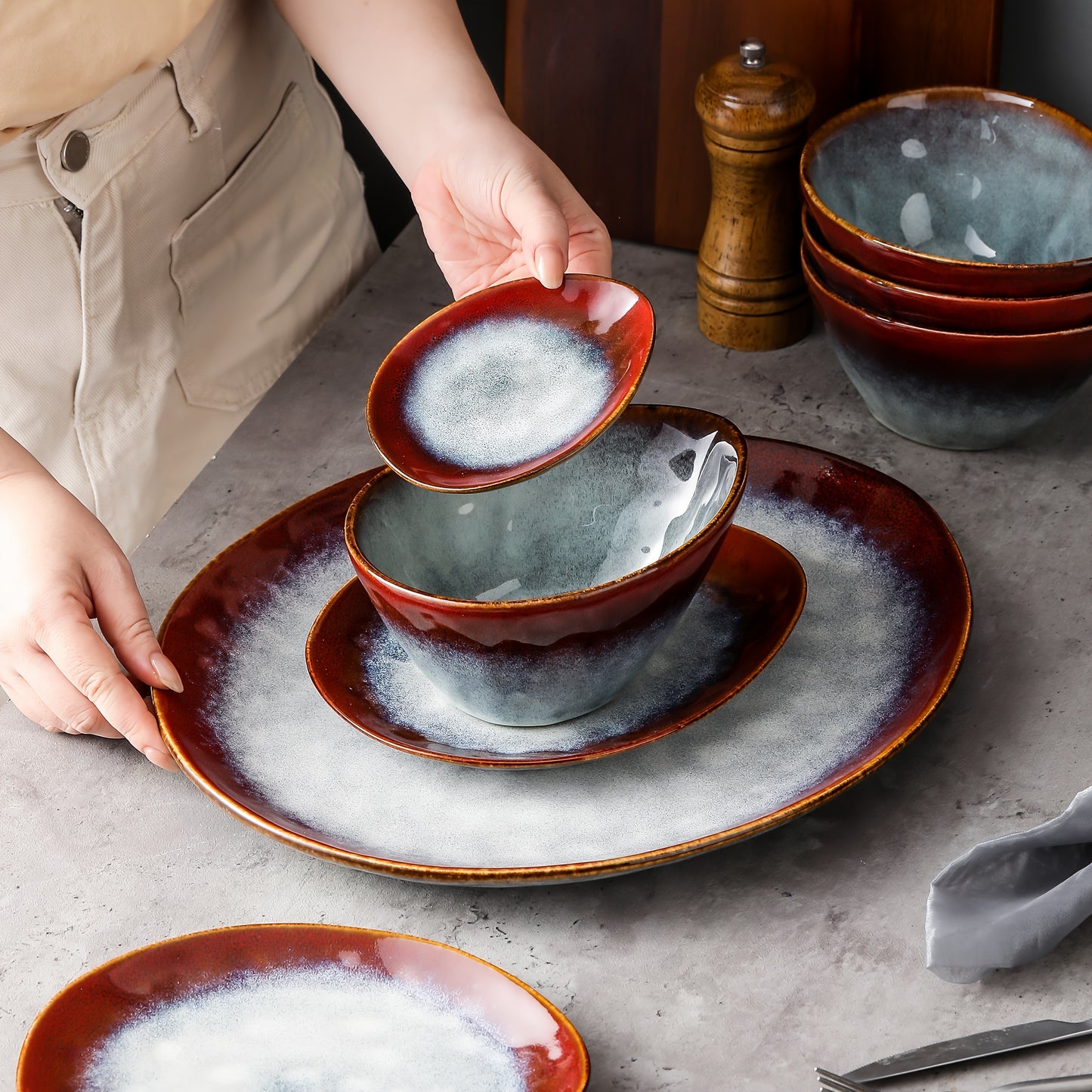 Irregular Oval Dinnerware Set (11-Piece) – Serving Platter, Dessert Plates, Bowls & Saucers