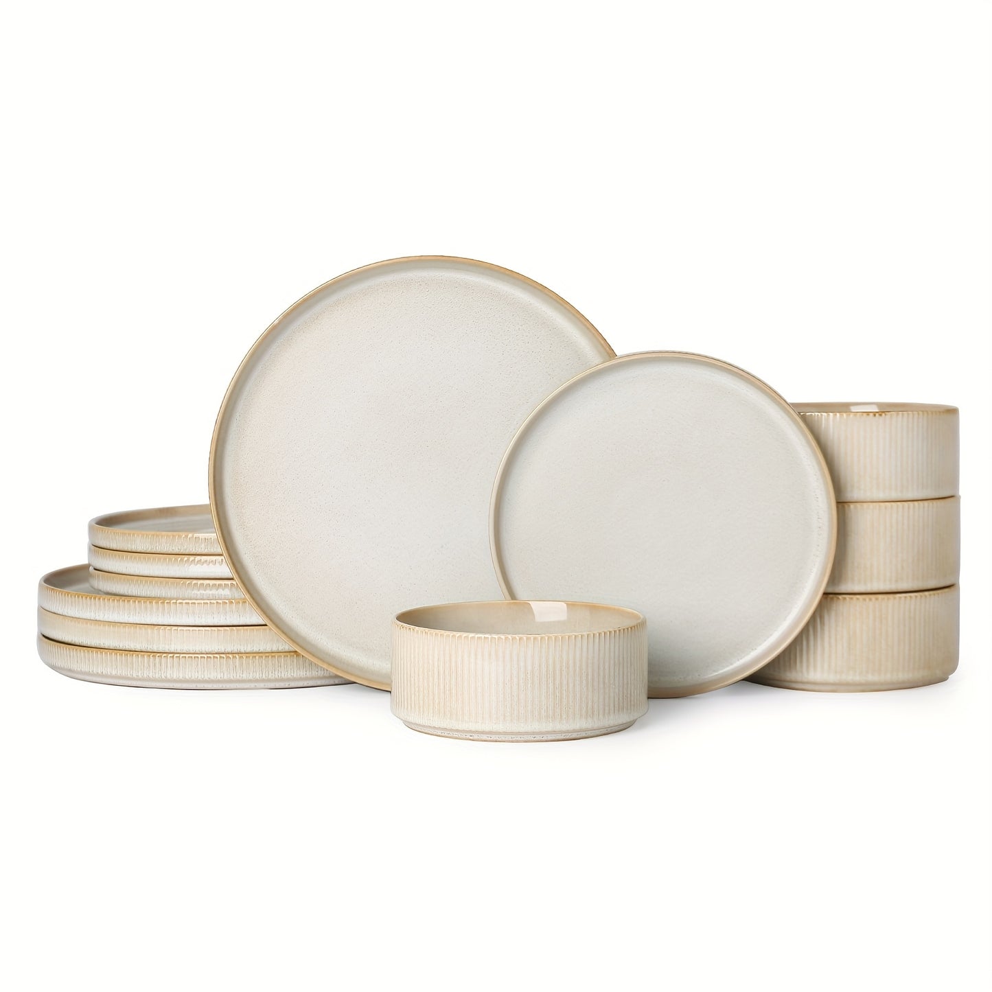 Striped Cream Beige Reactive Glaze Dinnerware Set (12-Piece Ceramic Stoneware)