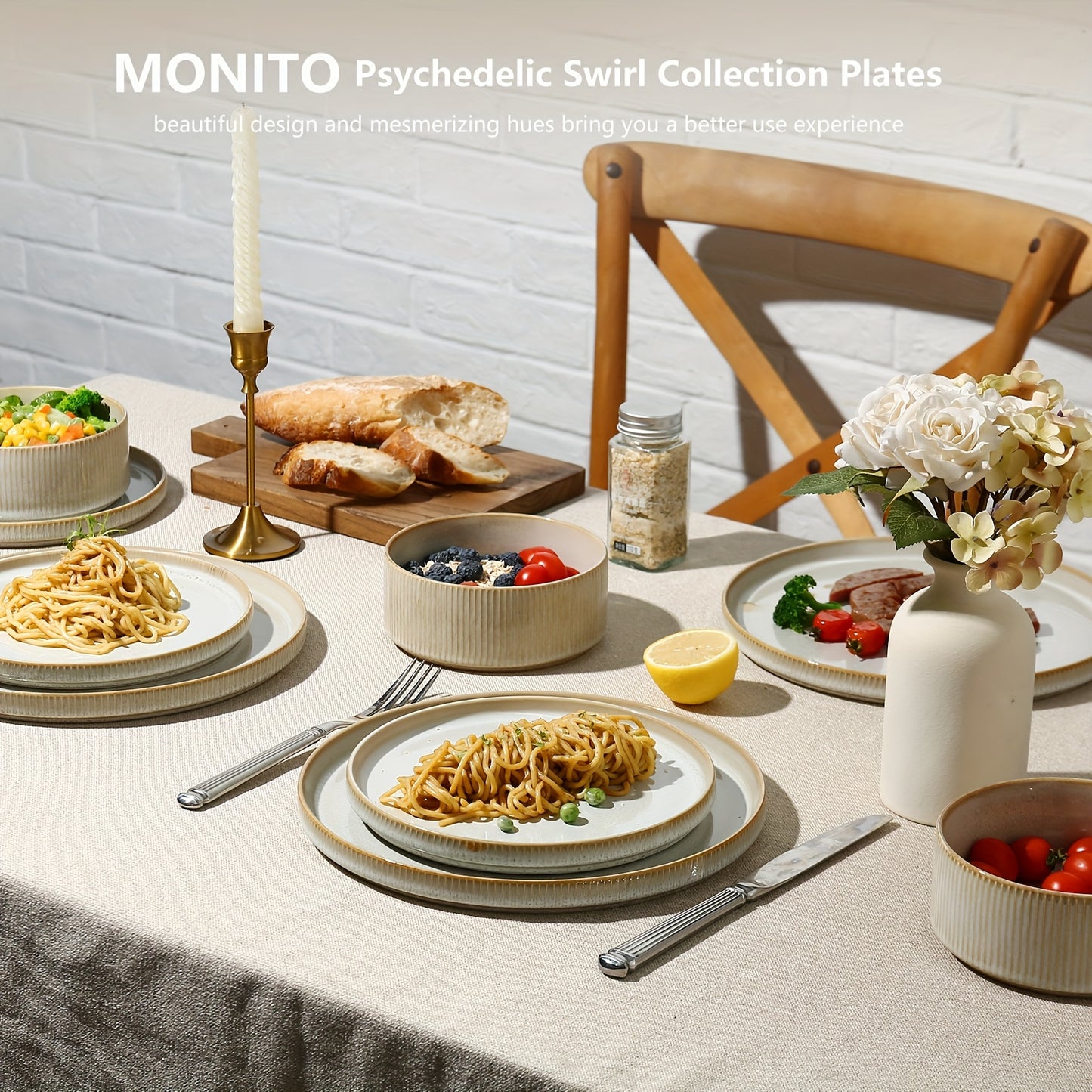 Striped Cream Beige Reactive Glaze Dinnerware Set (12-Piece Ceramic Stoneware)