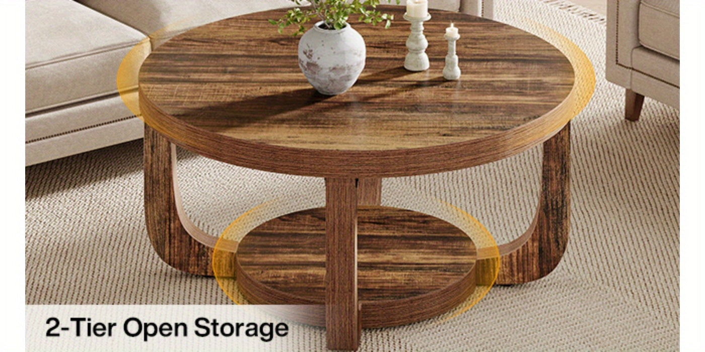 Modern Round Coffee Table with 2-Tier Storage – Rustic Brown Center Table