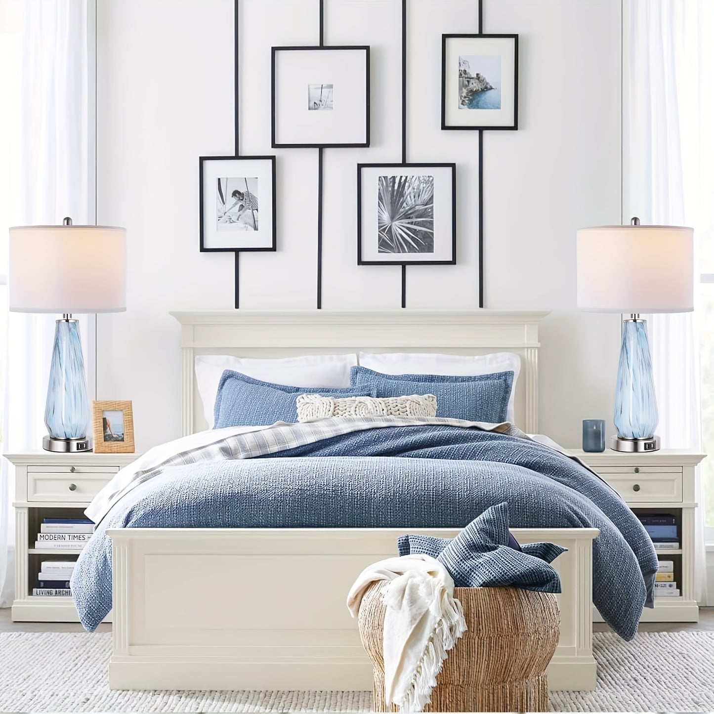 Modern Table Lamp Set of 2 Touch Control, 27" Tall Faded Swirl Blue Gray Art Glass Bedside Lamp with USB Ports, 3-Way Dimmable Hand Crafted Nightstand Lamps White Drum Shade for Living Room, Bedroom