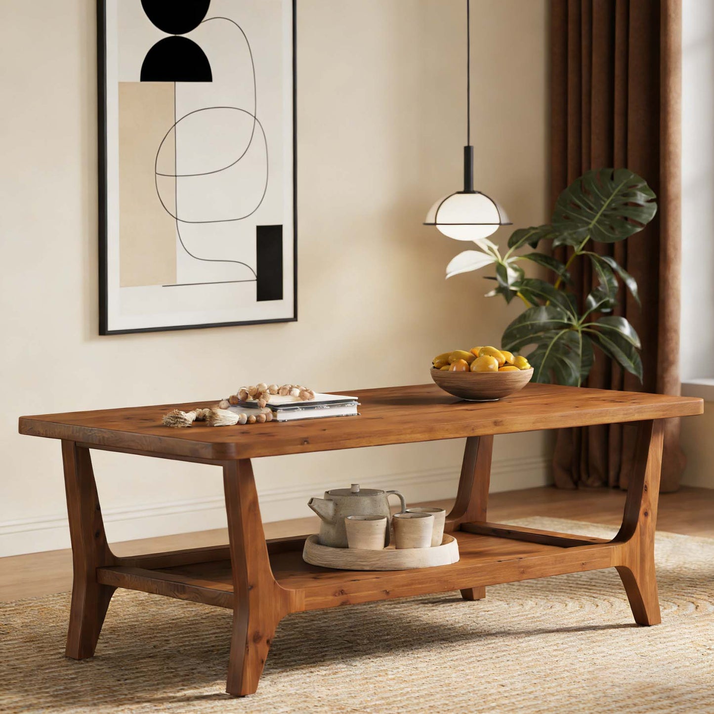 47” Modern Wooden Coffee Table – 2-Tier Storage Shelf, Mocha Brown Center Table