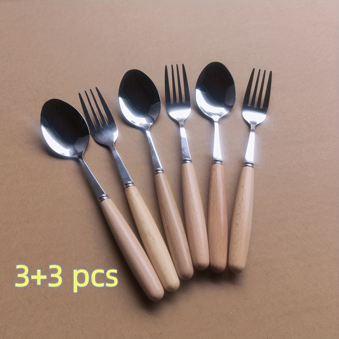 6pcs/10pcs Elegant Beech Wood Handle Stainless Steel Flatware Set with Ergonomic Grip for Home, Travel, Office, Formal and Everyday Dining, Includes Spoons and Forks, Suitable for Picnics and Parties, Easy to Clean, Essential
