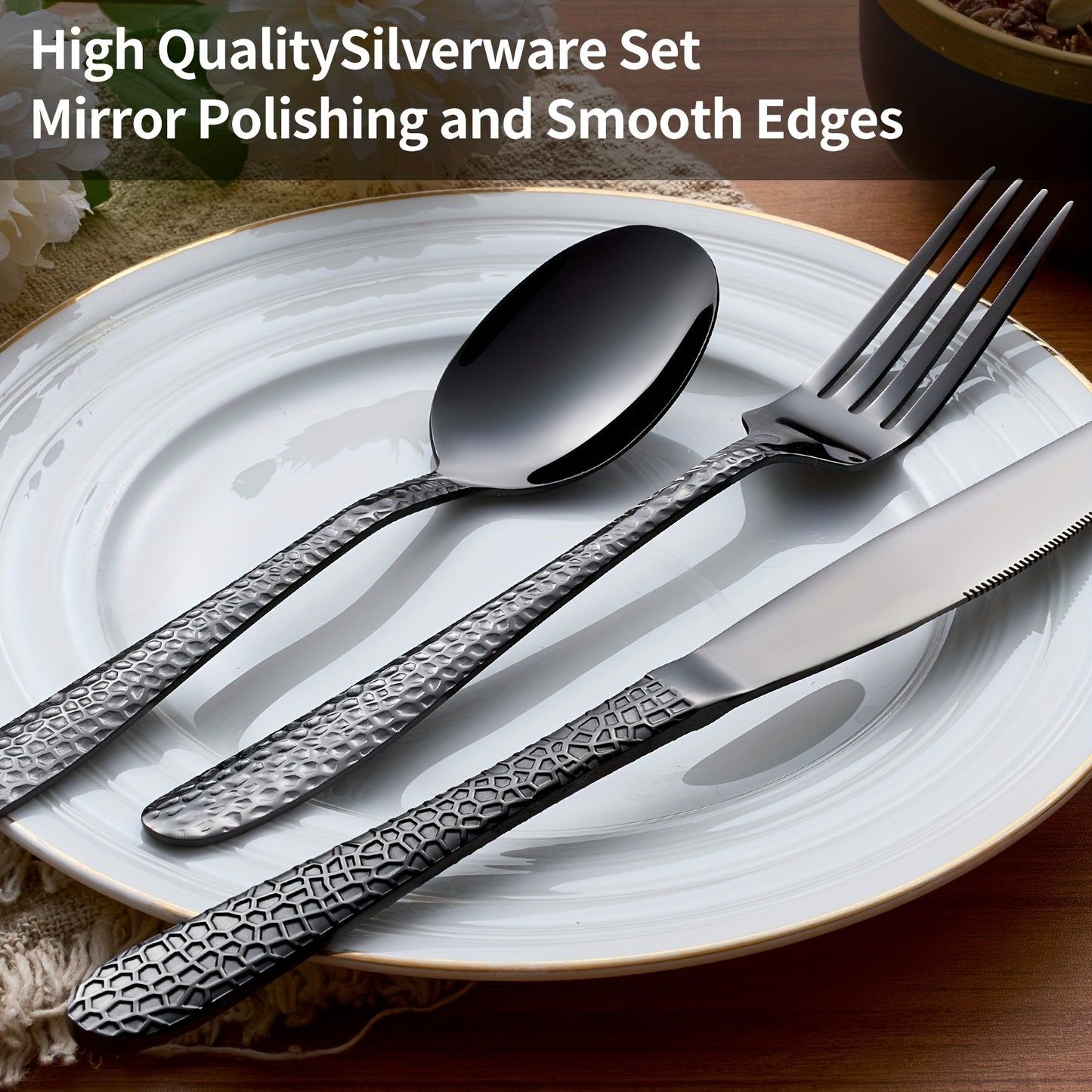 36/5pcs Of Black Tableware Set - Hammer Pattern Design - Western Utensils Knife, Fork, Spoon, Highly Recommended For Use In Restaurants, Banquets, And Weddings - Suitable For Families Of 5-10 People, Dishwasher Safe, Hallowee