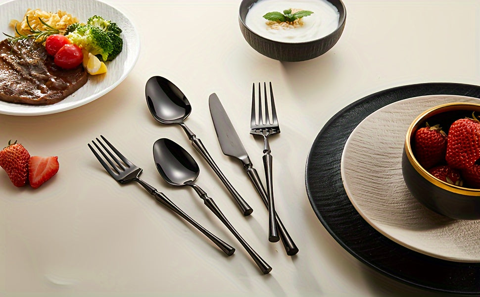 20pcs Silverware Set, Stainless Steel Flatware Utensils Cutlery Set Including Steak Knife Fork And Spoon, Dishwasher Safe (black)