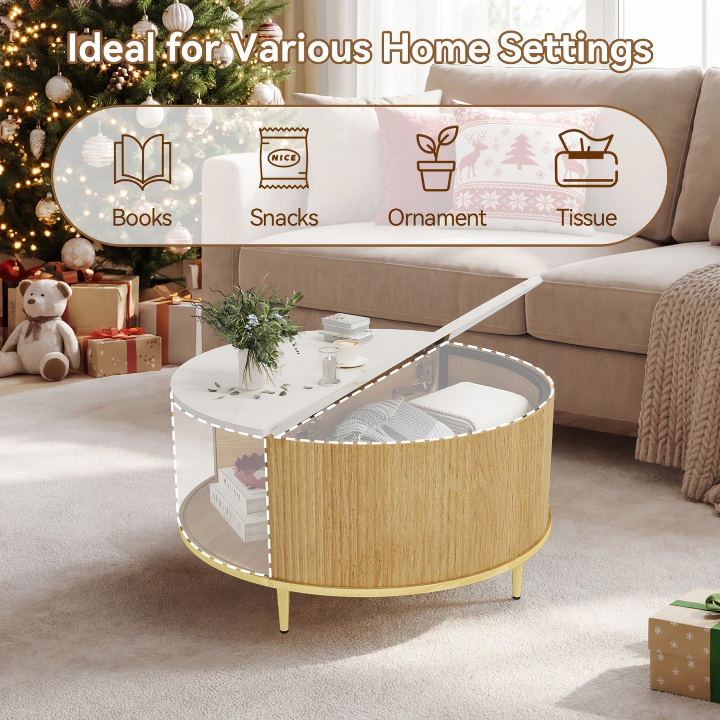 Modern Fluted Drum Coffee Table (31") with Hidden Storage & Sliding Doors – Oak Finish