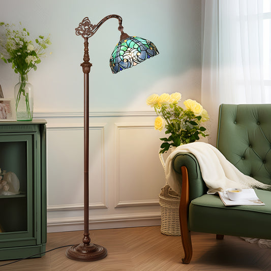 Vintage Satined Glass Floor Lamp with Adjustable Gooseneck – 11X11X62 Inches, Arched Reading Light for Bedroom & Living Room Decor, Classic Standing Lamp in Brownish-Golden Finish, Stained Glass Shade, Warm Ambiance Lightin