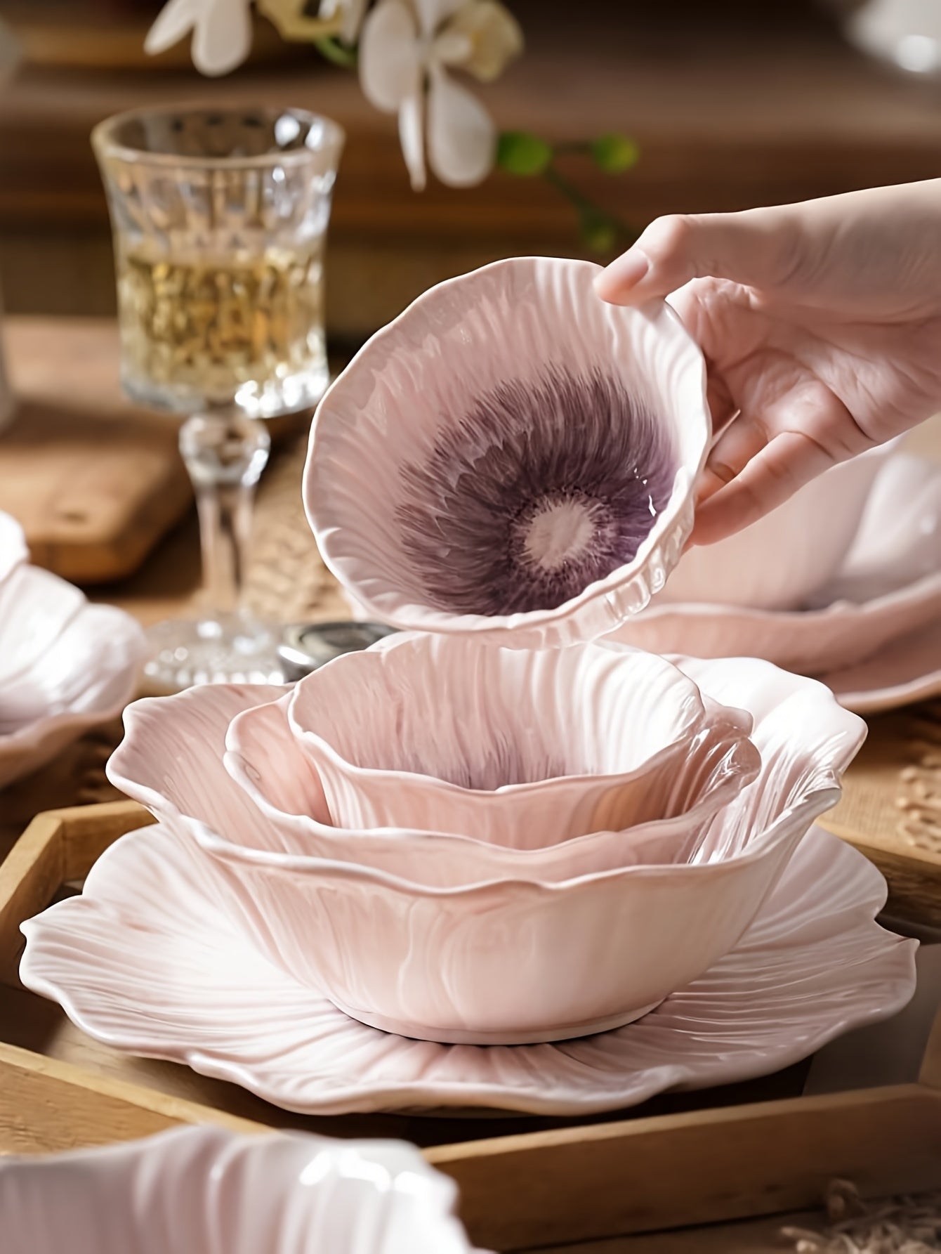Purple Petal-Shaped Ceramic Tableware Set – Decorative Floral-Inspired Design
