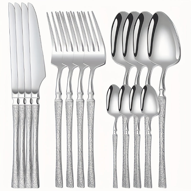 4/16/24pcs Set - Essential silvery Stainless Steel Cutlery Set with Tree-Patterned Handles, High-Quality Knives, Forks, And Spoons, Suitable for Weddings, Hotels, Restaurants, And Festive Occasions