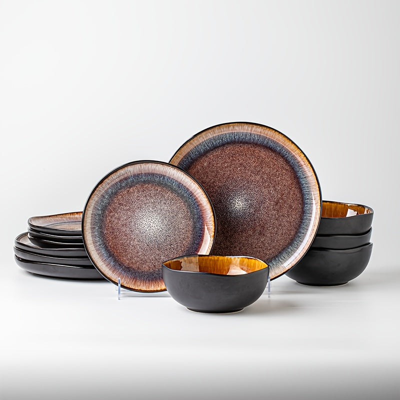 Brown Flame Glaze Ceramic Dinnerware Set (12-Piece) – Modern Plates & Bowls for 4