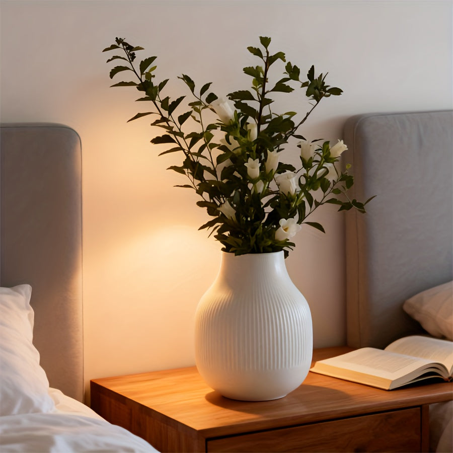 [Elegant Design Vase] White Modern Vase 1pc - Textured Body & Smooth Base, Minimalist Round Flower Vase for Fresh/Dried Flowers, Durable Plastic Home Decor for Living Room, Dining Table, Bedroom, Office, Wedding Gift & Holida