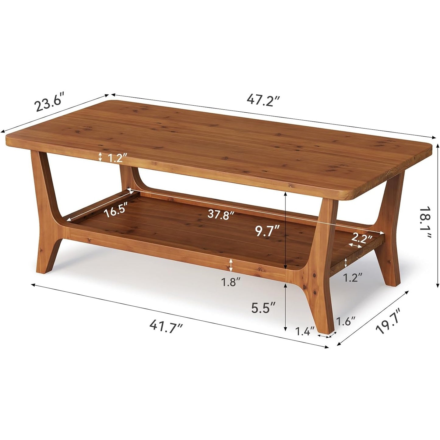 47” Modern Wooden Coffee Table – 2-Tier Storage Shelf, Mocha Brown Center Table