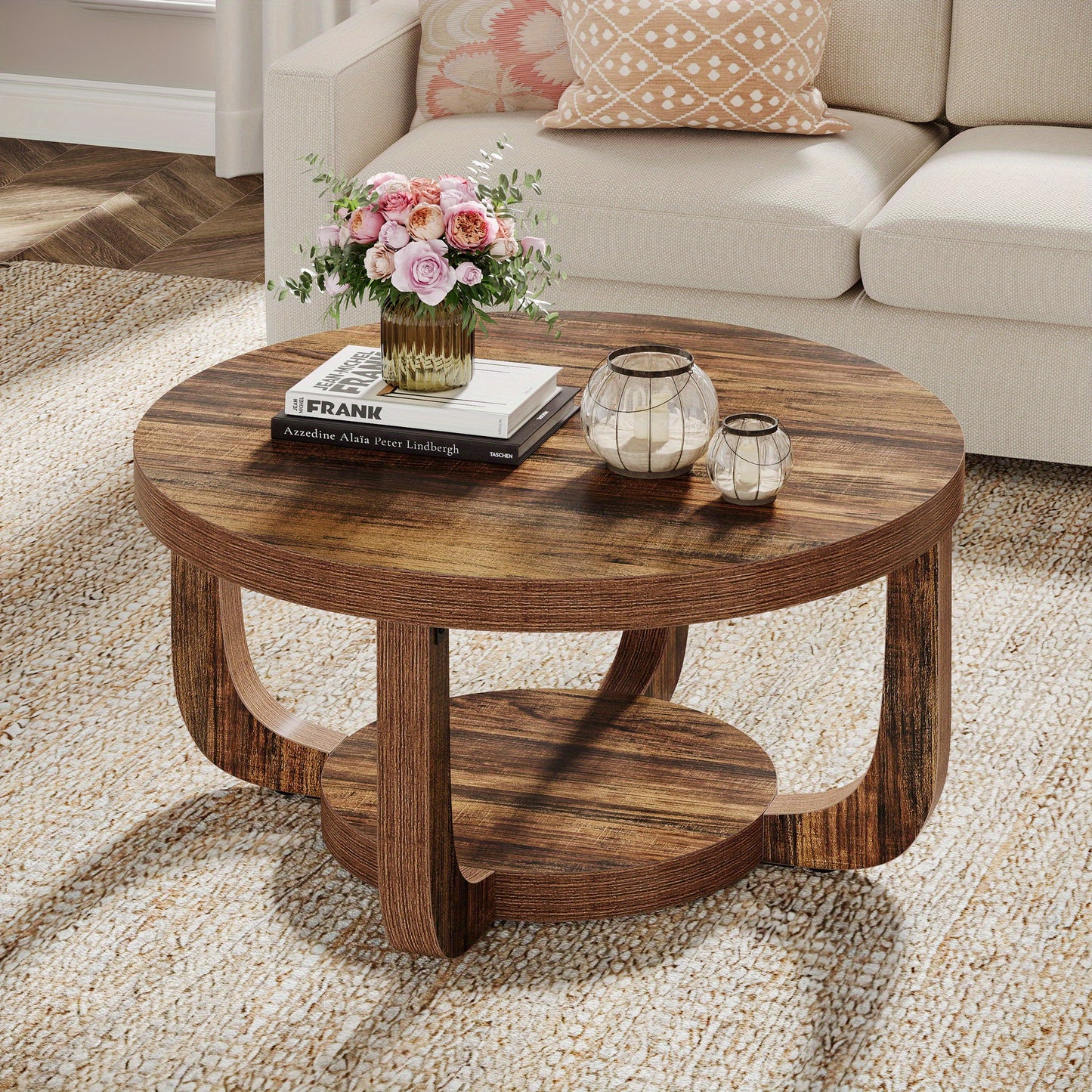 Modern Round Coffee Table with 2-Tier Storage – Rustic Brown Center Table