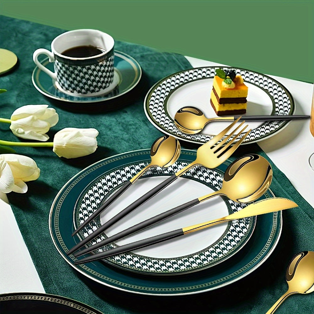 24pcs Stainless Steel Tableware Set, 6-Person Dinnerware Set (Black Golden), Includes Dinner Knife, Fork, Spoon, Coffee Spoon, Mirror Polished Cutlery Set, Suitable for Family Gatherings and Hotel Restaurant Use