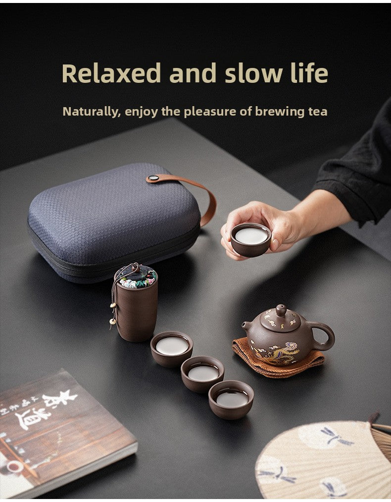 Portable Chinese Ceramic Purple Clay Tea & Coffee Set - One Pot & 4 Cups Travel Tea Suitable for, Camping, Office, Gift for, - Ceramic Tea Set with Storage Bag, Coffee/ Tea Cups