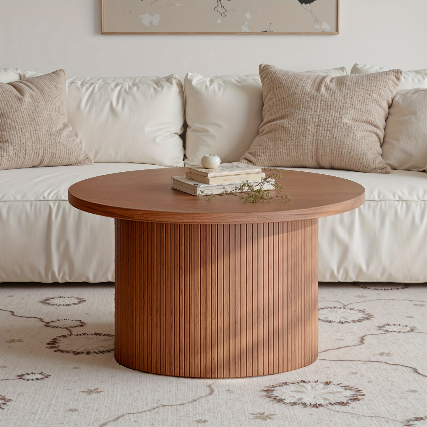 31.5” Round Farmhouse Coffee Table – Wood Center Table with Storage & Roll Pads