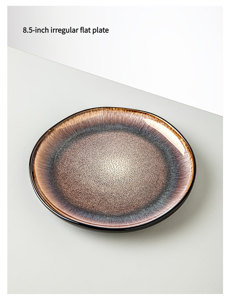 Brown Flame Glaze Ceramic Dinnerware Set (12-Piece) – Modern Plates & Bowls for 4