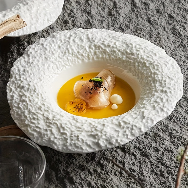 Italian-Inspired Rock Pattern Ceramic Deep Bowl Plate – White & Beige Serving Dish