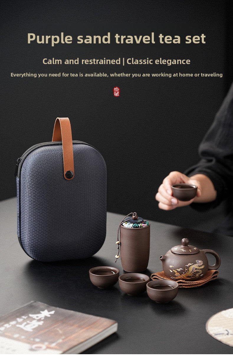 Portable Chinese Ceramic Purple Clay Tea & Coffee Set - One Pot & 4 Cups Travel Tea Suitable for, Camping, Office, Gift for, - Ceramic Tea Set with Storage Bag, Coffee/ Tea Cups