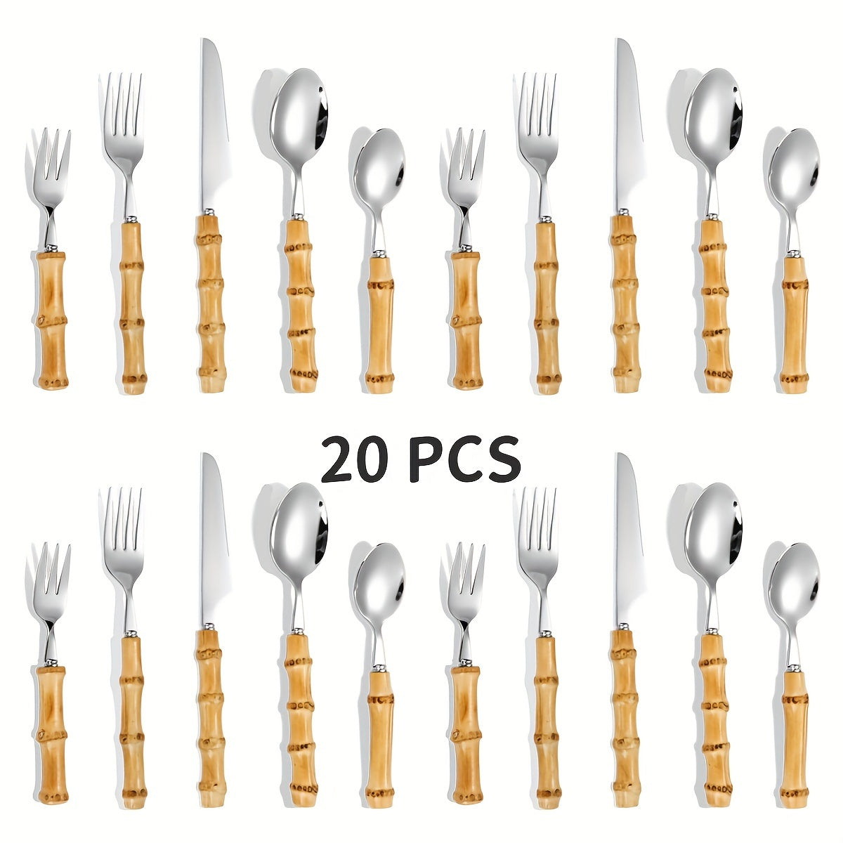 20pcs Bamboo-Handled Stainless Steel Flatware Set: Perfect for Outdoor, Everyday Use, and Gatherings - Suitable for 4 People - Dishwasher Safe - Ideal Wedding, Thanksgiving, Christmas, Valentine's Day, Eid Al-Fitr (Ramadan) G