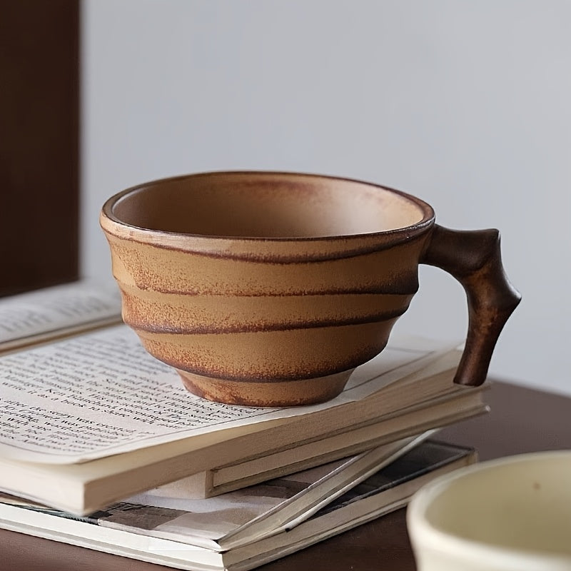 [Vintage Ceramic Coffee Cup] Vintage Rustic Ceramic Bamboo-Section Coffee Cup | Kiln-Altered Handheld Mug, Creative Unique-Shaped Latte Art Mug