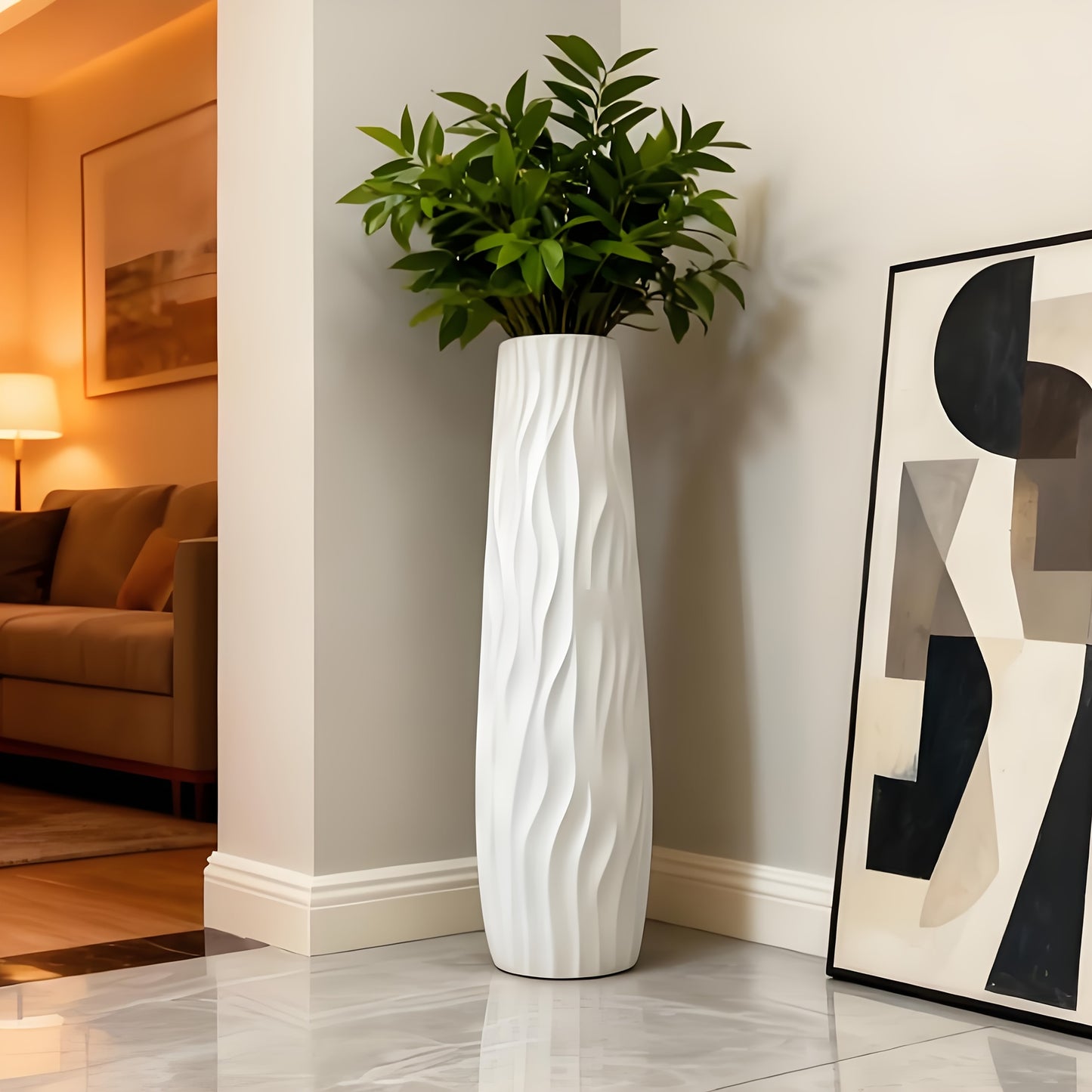 Large Durable Plastic Floor/cabinet Vase, 22.83inch High: Features a European Minimalist Modern Geometric Textured Cylinder Design, Available in White, Black, and Gray. Suitable for Hydroponic and Dried Flower Arrangements, L