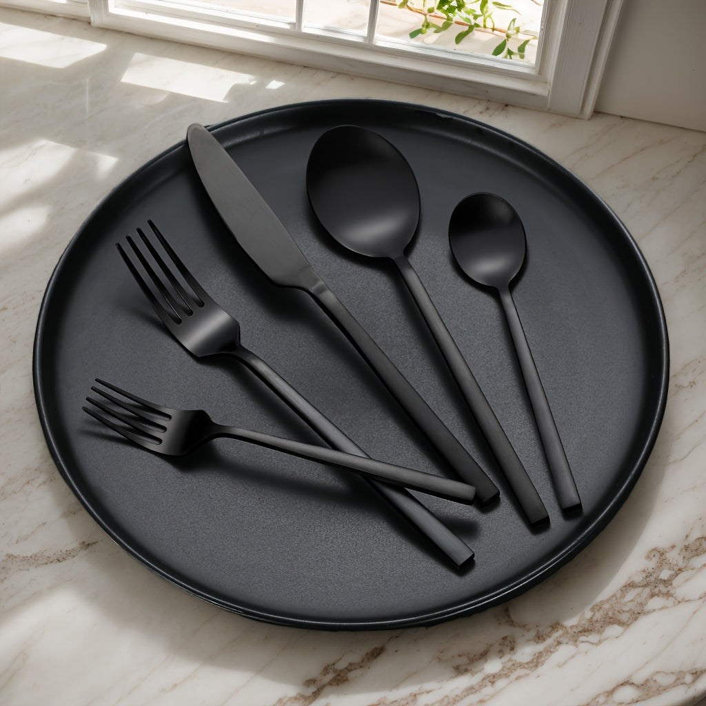 40pcs Luxury Black Matte Stainless Steel Cutlery Set, Knife Fork Spoon Western Flatware Set, Dishwasher Safe, Perfect for Home, Restaurant, Hotel, Parties & Weddings, Serves 6 People