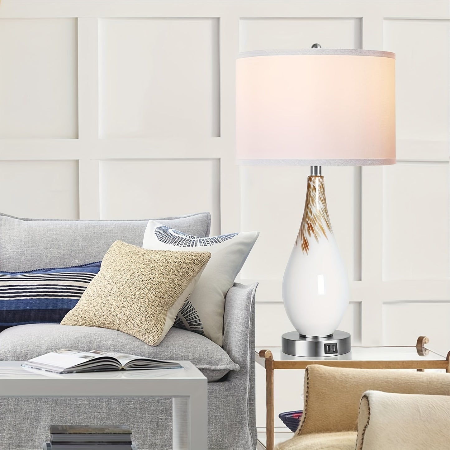 PARTPHONER Touch Control Table Lamps Set of 2, 27.5" Tall Modern Art Glass Bedside Lamp with USB Ports, 3-Way Dimmable Hand Crafted Nightstand Lamps White Drum Shade for Living Room Bedroom Home