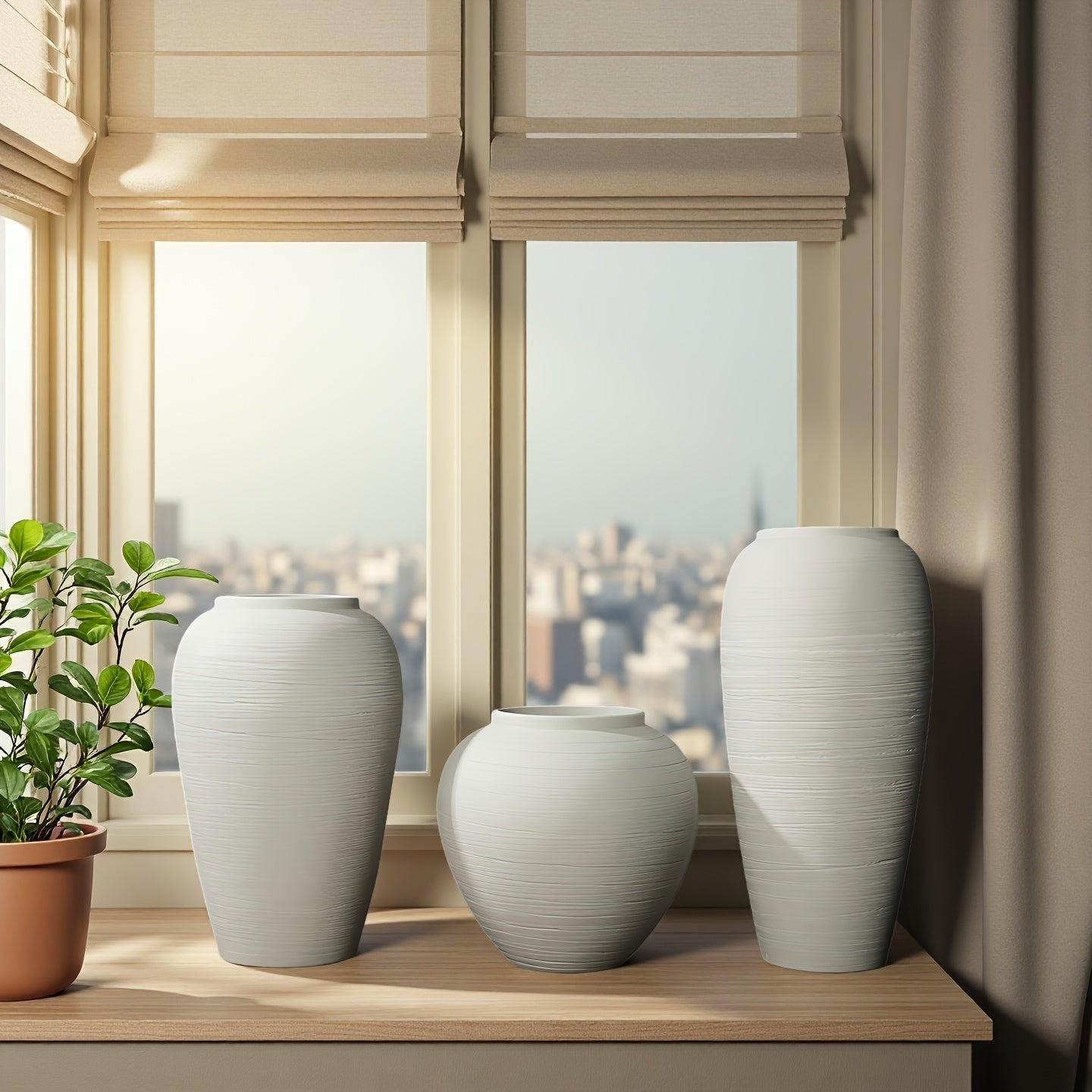 Modern Bohemian Minimalist Hard Plastic Vase - Cylindrical Ceramic-Suitable for (Compatible with) Flower Arrangements, Elegant Tall Plain Vase for Wedding, Home, Office, Decor - Durable Decorative Container