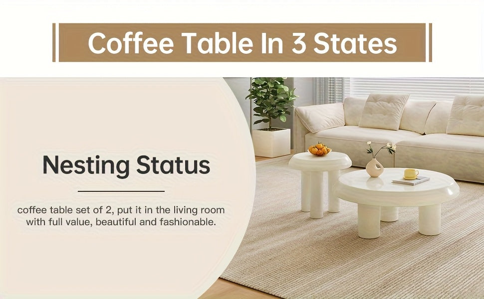 Modern Nesting Coffee Table Set – Cream White Round Tables (Set of 2)