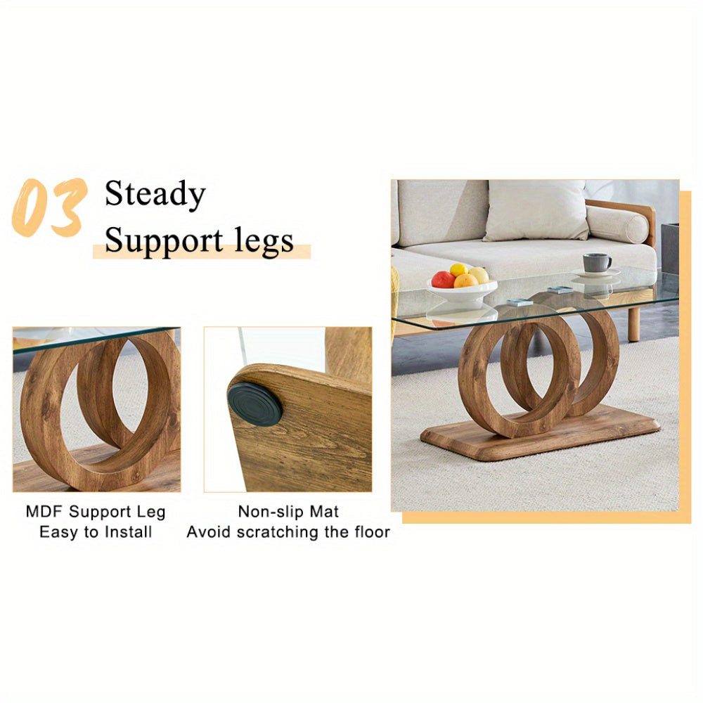 Modern Glass Top Coffee Table – Natural Wood Base Center Table (47.2")