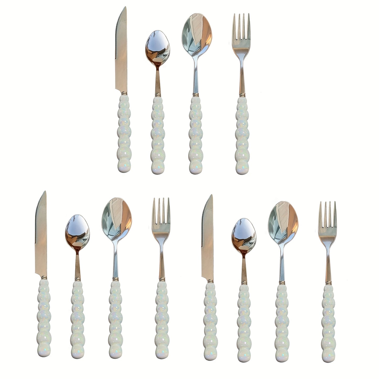 3/4/9/12 Beautiful Pearl-Shaped Stainless Steel Cutlery Sets with Ceramic Handle Table Knives, Dessert Spoons, Forks, and Spoons - Elegant Kitchen Tools and Accessories Perfect for Daily Family Dining, Birthday Parties, and H