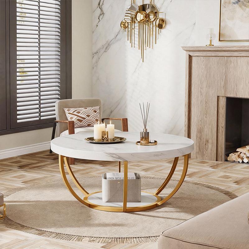 Round Coffee Table with Storage Shelf – Gold Metal Frame & Double-Layer Design