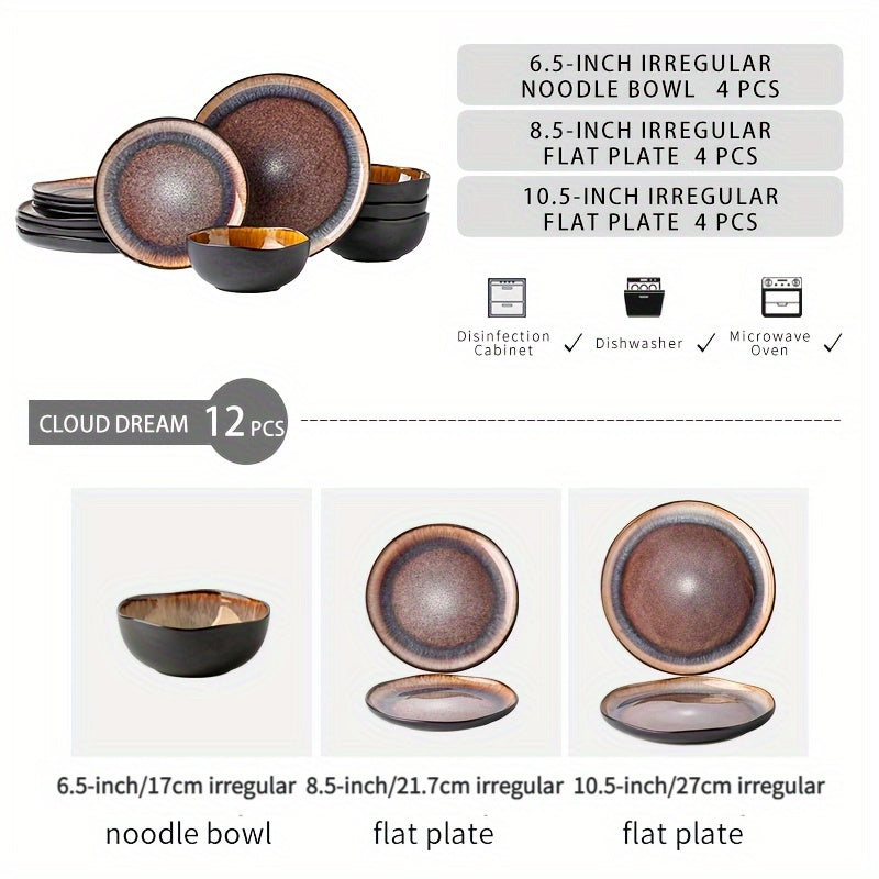 Brown Flame Glaze Ceramic Dinnerware Set (12-Piece) – Modern Plates & Bowls for 4