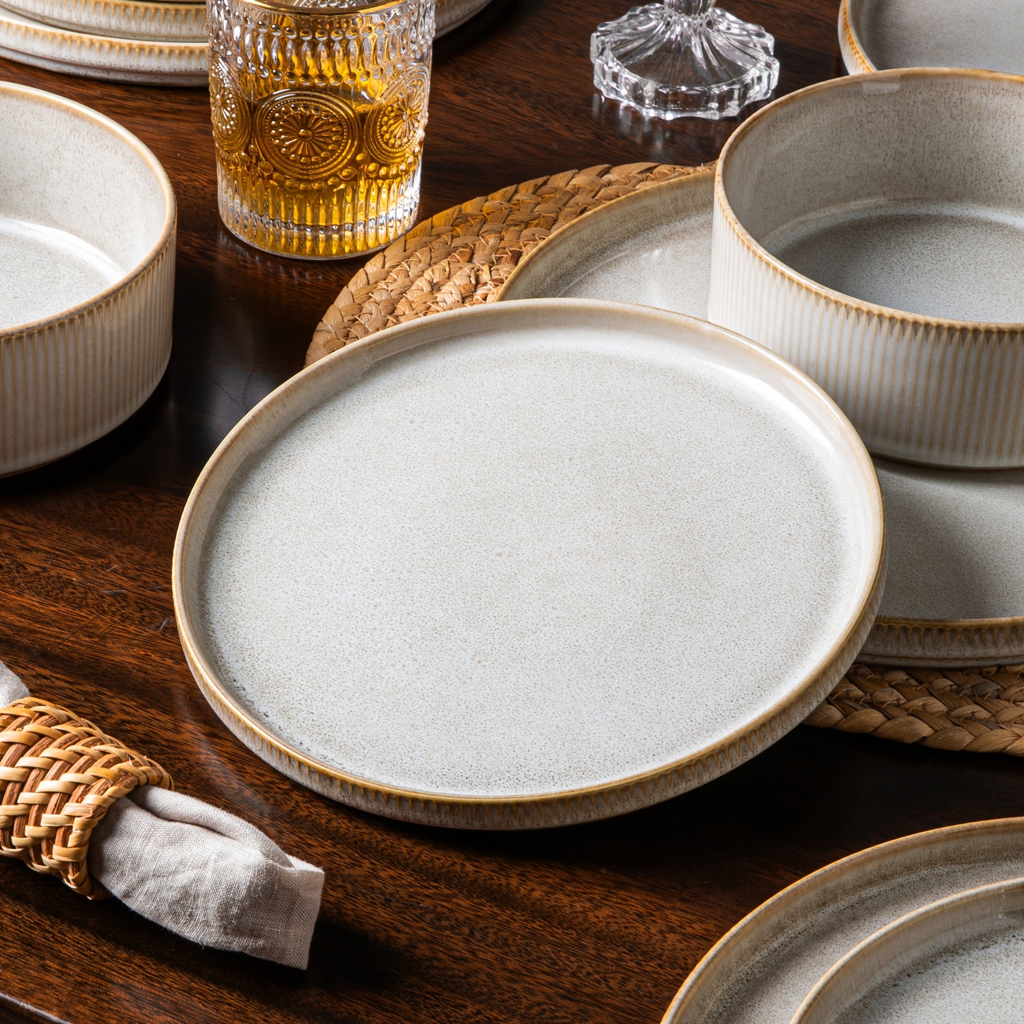 Striped Cream Beige Reactive Glaze Dinnerware Set (12-Piece Ceramic Stoneware)