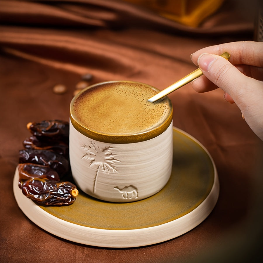 1pc YUMIPLUS Hand-Carved Desert Camel & Arabic Stoneware Coffee Cup - Ceramic Espresso, Tea, and Hot Beverage Vessel Suitable for Latte, Cappuccino, Cocoa - Middle Eastern
