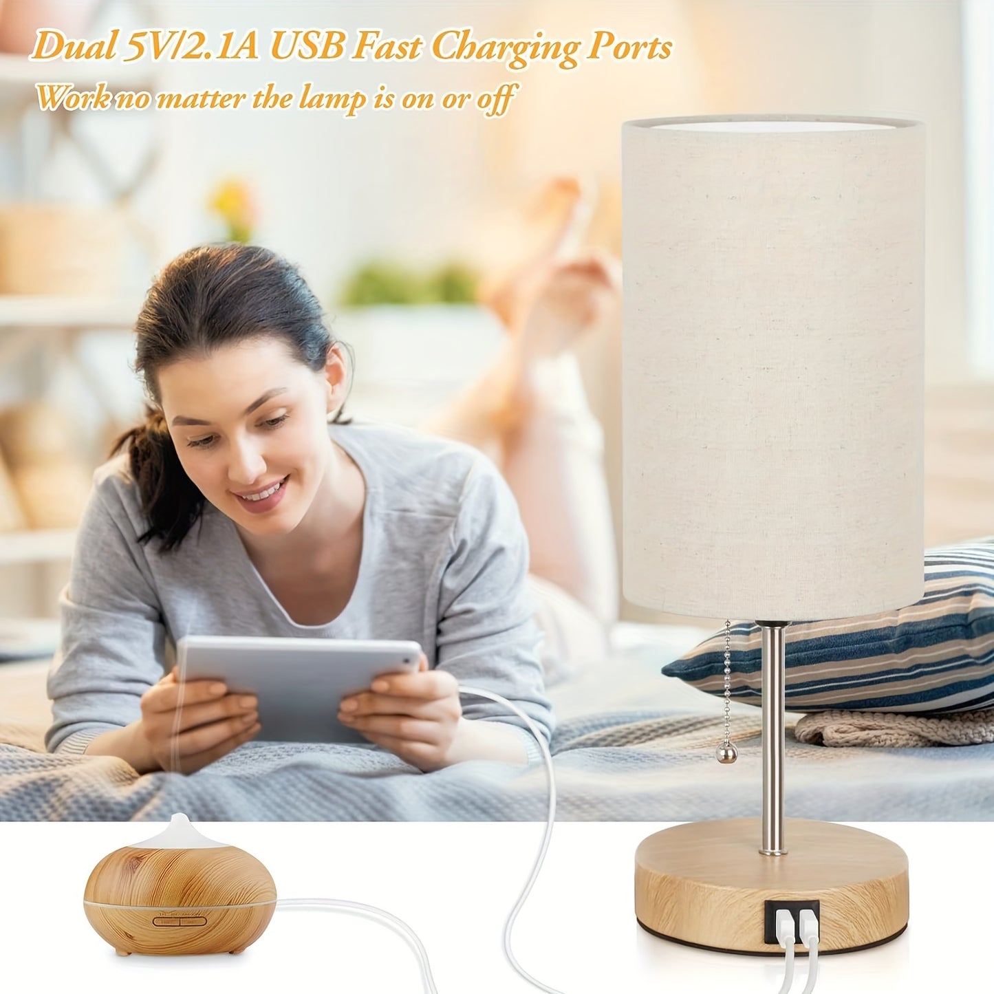Set of 2 Table Lamps with 2 USB Ports, Modern Bedside, Desk Lamps with Pull Chain, Nightstand Lamps with Cream Fabric Shade and Metal Base for Living Room Bedroom Office Reading Dorm Hotel