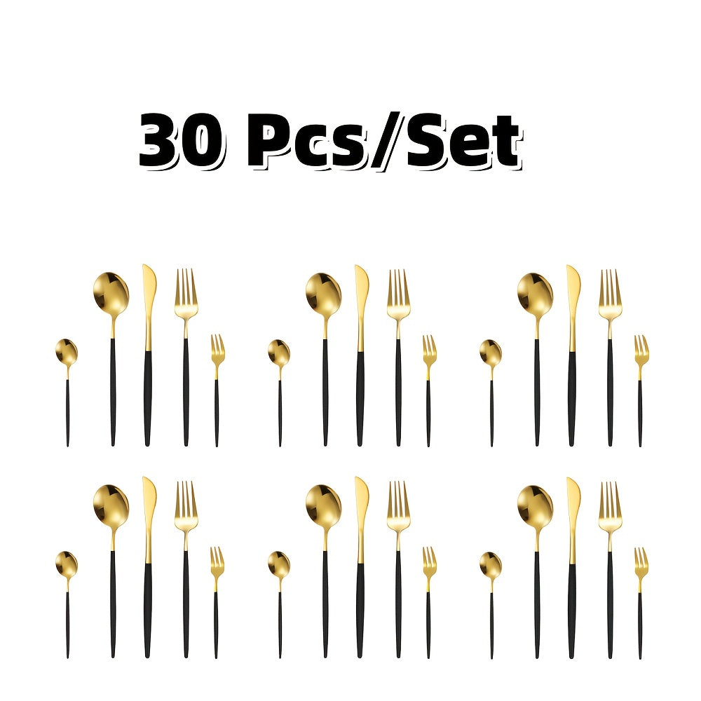 30pcs Elegant Black & Golden Stainless Steel Cutlery Set - Dishwasher Safe, Polished Finish, Perfect for Restaurants, Hotels, and Home Use - Ideal for Housewarming & Dinner Parties, Restaurant Tableware | Sophisticated Tablew