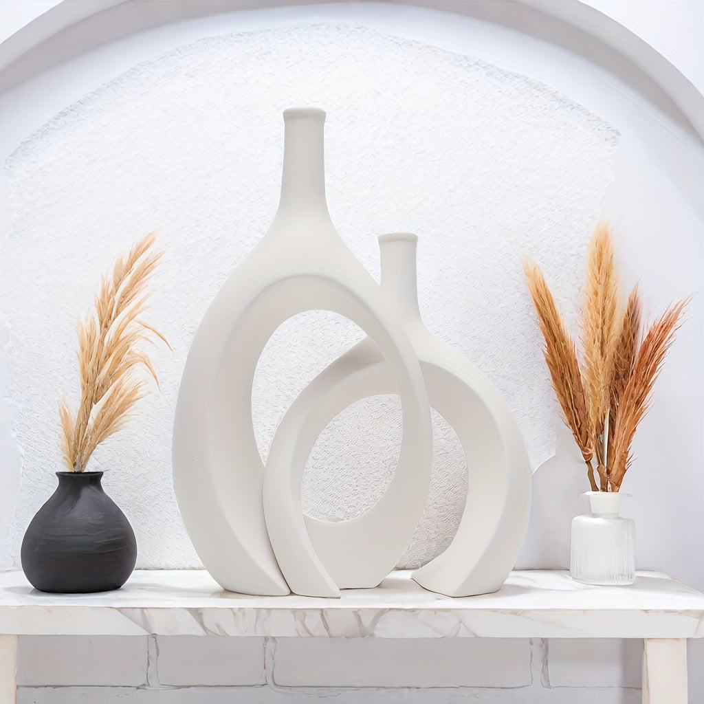 2pcs/set Ceramic Hollow Vase, Round Modern Donut Boho Aesthetic Vases for Nordic Minimalist Book Style Shelf Decor, Trendy Home Living Room Entryway Coffee Table Decorative