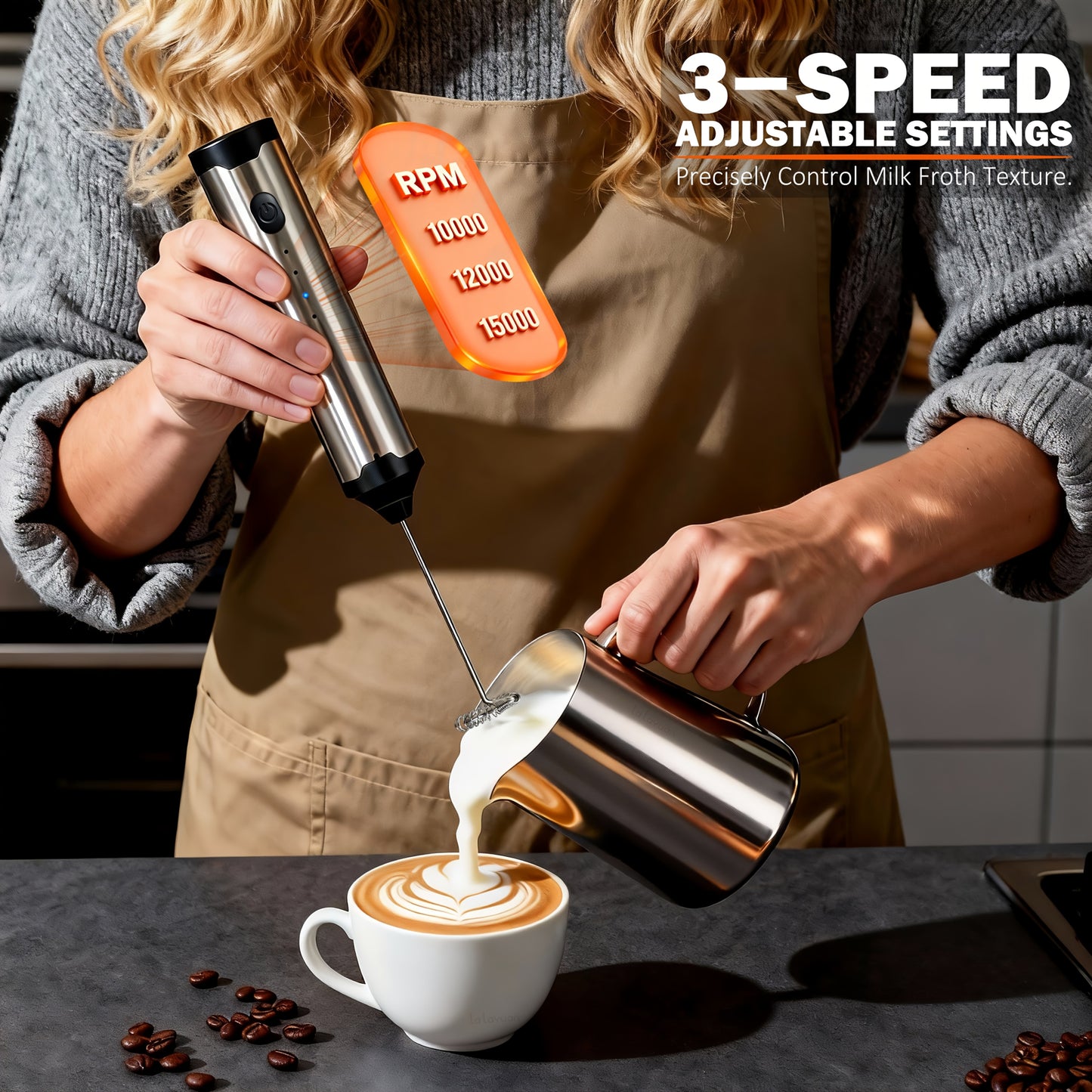 3-Speed Adjustable Rechargeable Milk Frother - 304 Stainless Steel Handheld Electric Foam Maker, Large Battery USB Charging Drink Mixer, Multi-Use Milk & Egg Beater for Coffee, Latte, Matcha, Portable Whisk for Daily & Travel