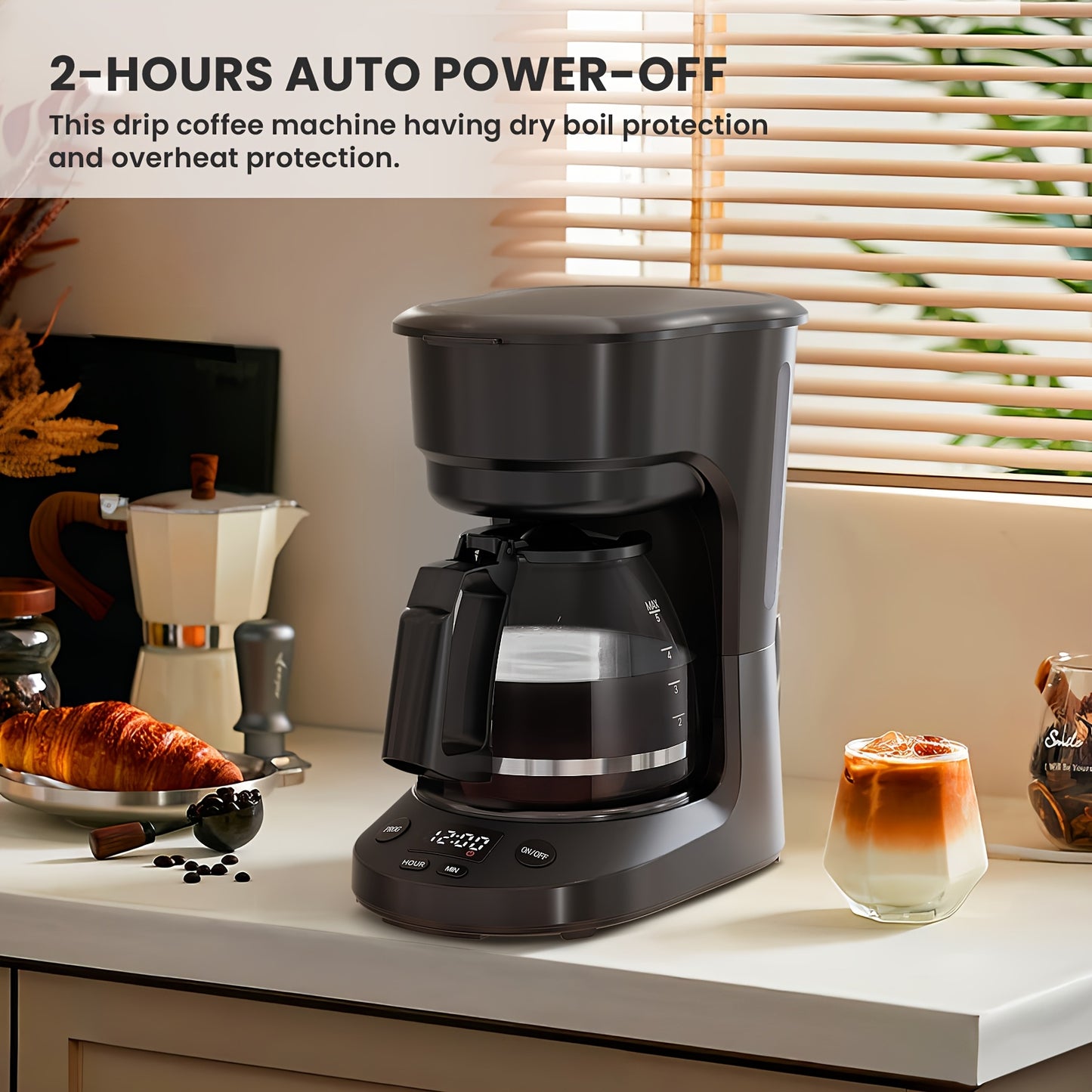 Drip Coffee Maker with Coffee Pot, Portable Coffee Maker with 25.36oz Water Tank, 30s Anti-Drip Function, Removable Funnel, One-Touch Switch, Dry Boil Protection, Black