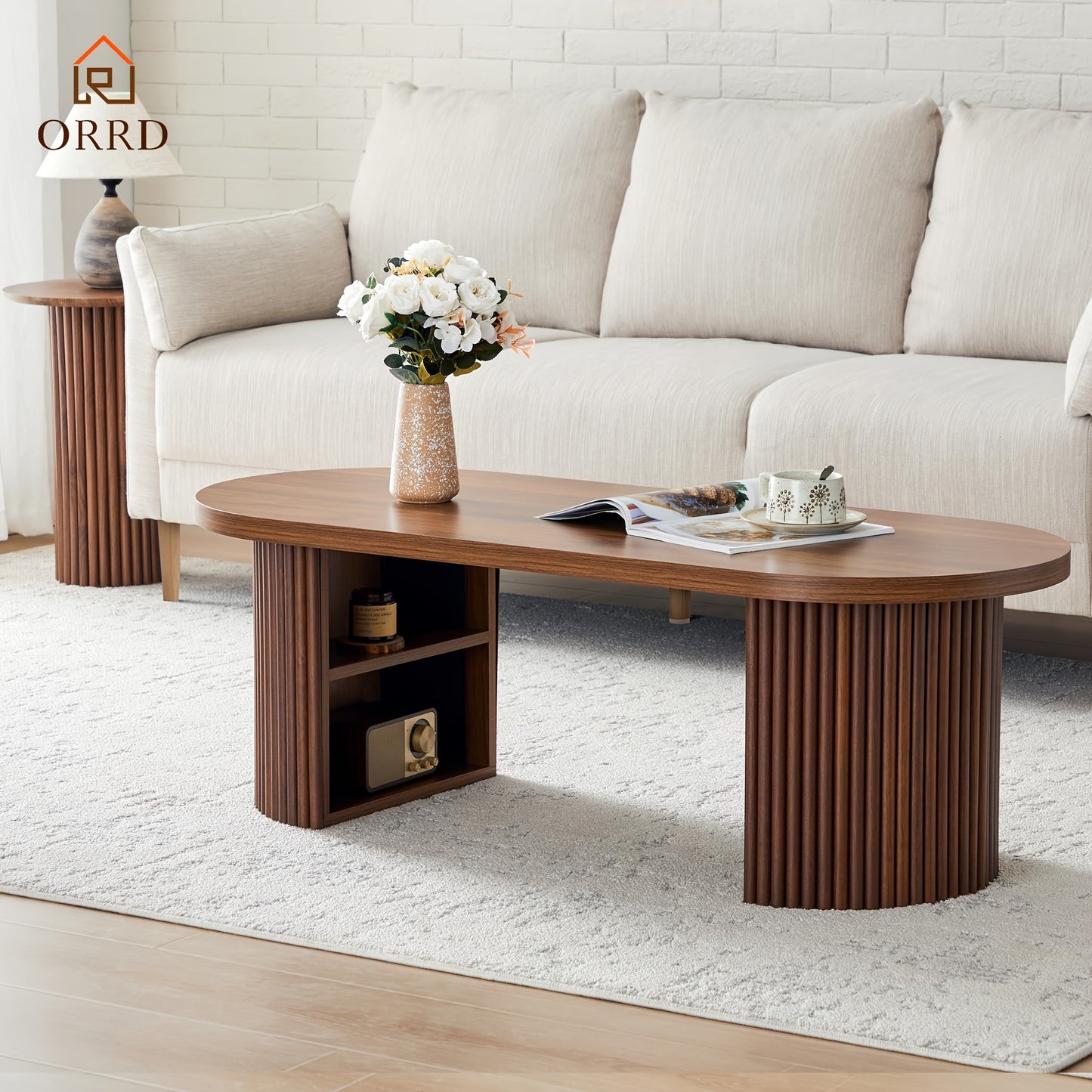 OOval Fluted Coffee Table with Storage – Farmhouse Mid-Century Center Table (47”)