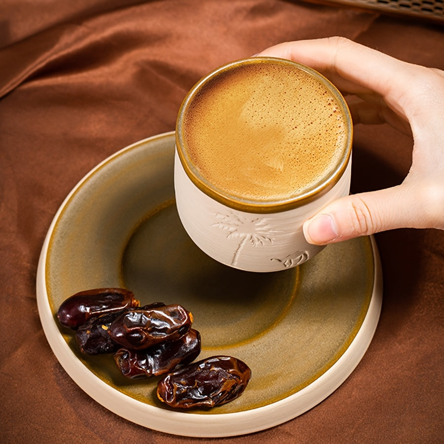 1pc YUMIPLUS Hand-Carved Desert Camel & Arabic Stoneware Coffee Cup - Ceramic Espresso, Tea, and Hot Beverage Vessel Suitable for Latte, Cappuccino, Cocoa - Middle Eastern