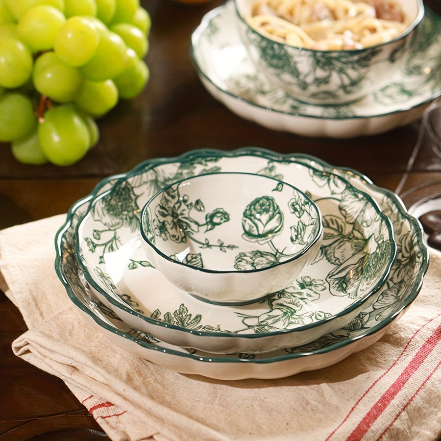 Vintage Green Rose Ceramic Dinnerware Set (6-Piece) – Plates & Bowls