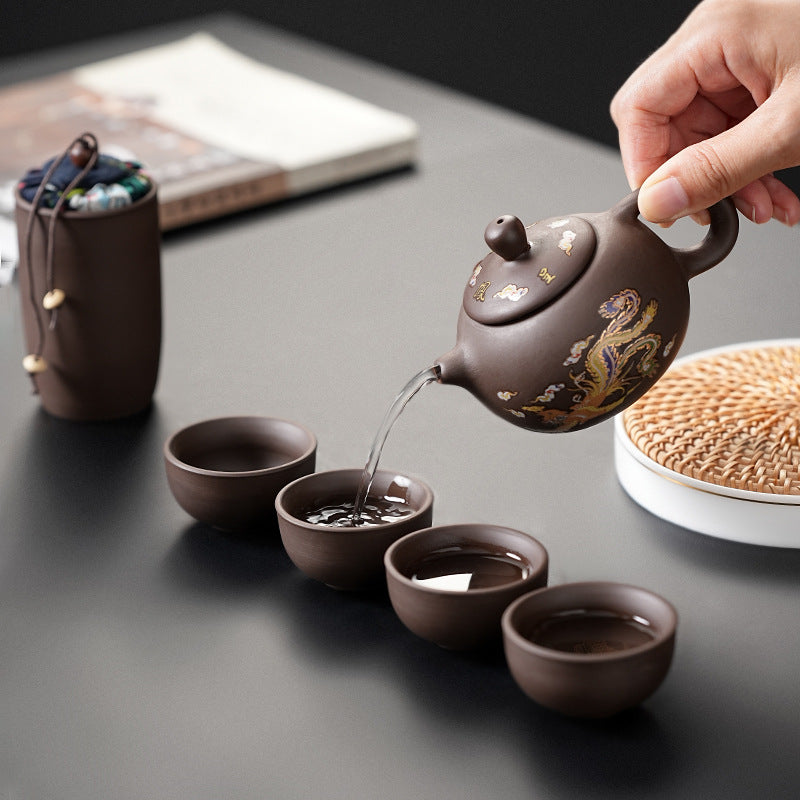 Portable Chinese Ceramic Purple Clay Tea & Coffee Set - One Pot & 4 Cups Travel Tea Suitable for, Camping, Office, Gift for, - Ceramic Tea Set with Storage Bag, Coffee/ Tea Cups